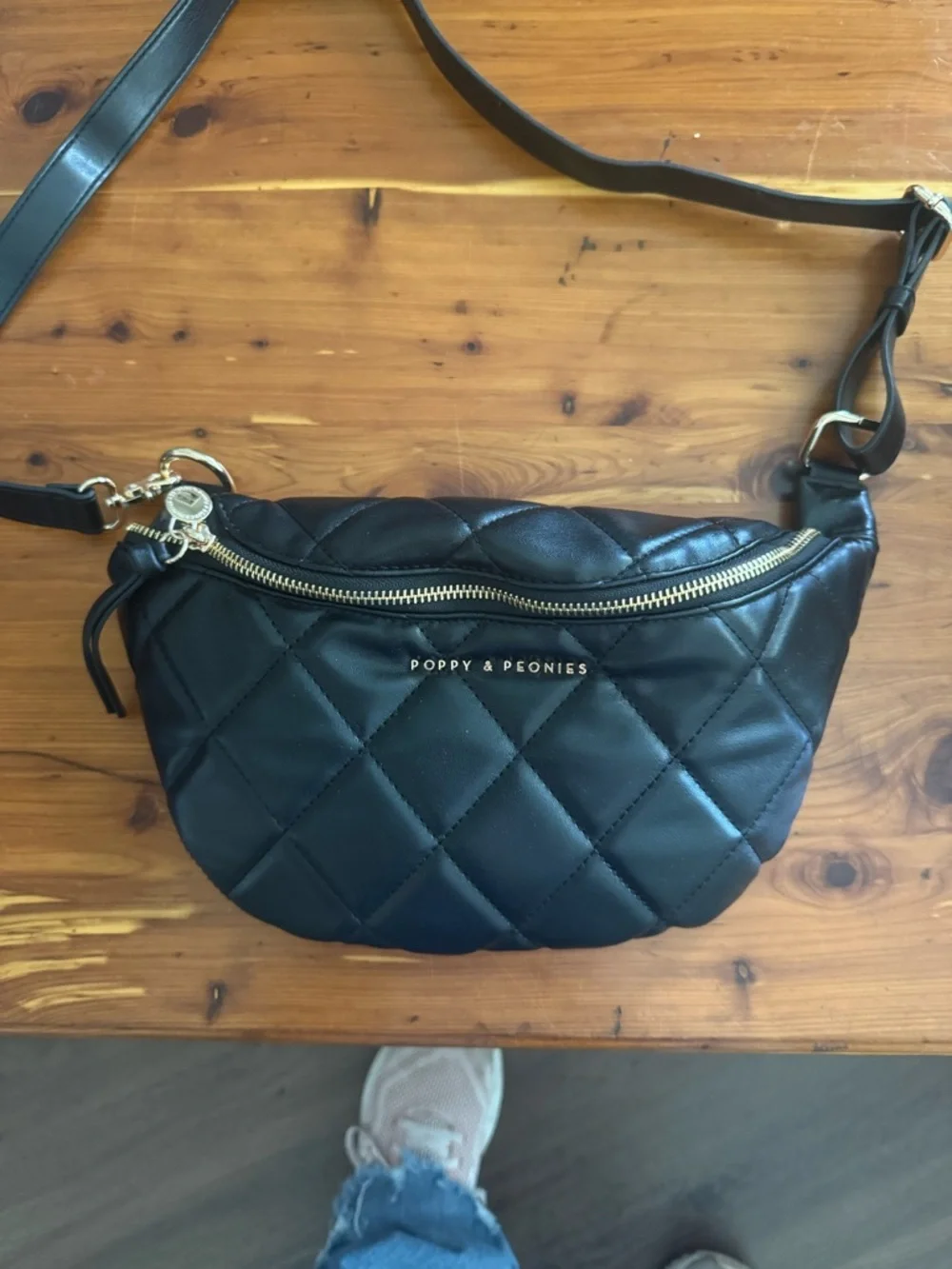 Poppy & Peonies Black Quilted Crossbody Belt Bag with Gold Accents - Picture 1 of 3